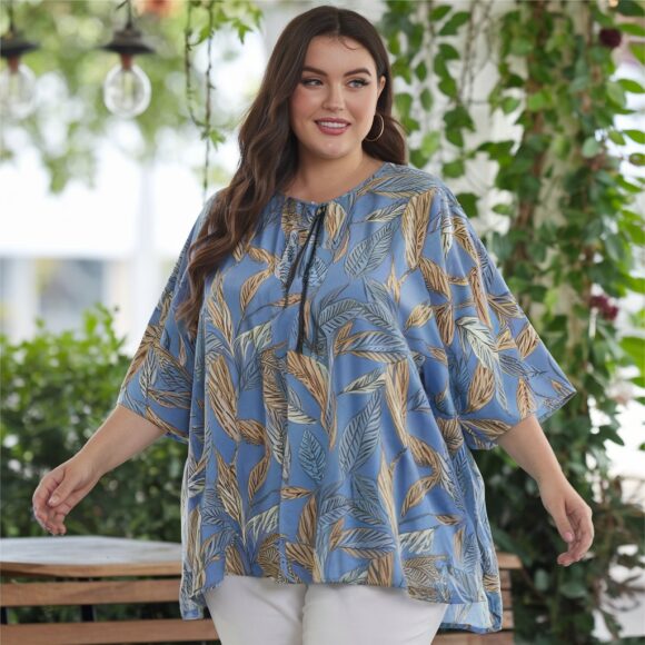 Plus Size Casual Loose Leaf Print Blouse T-shirt for Women